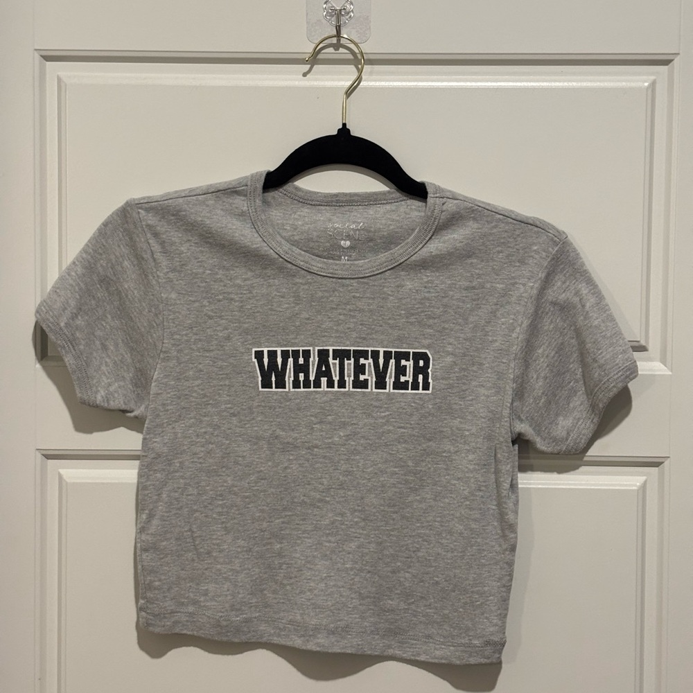 Social Scene Gray “WHATEVER” Graphic Crop Top – Casual & Playful